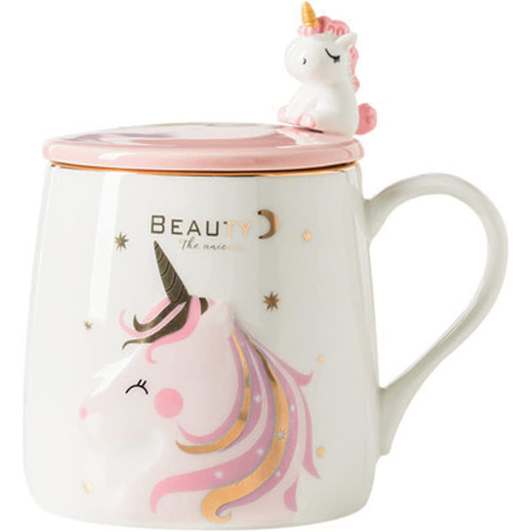 Enhjørning Krus Med Ske Spåner Låg Barn Tegneserie Mlik Krus Nordisk Stil Keramik Kaffe Kop Te Kop Gave Kontor Hjem (Enhjørning Pink Måne, 380 Ml)