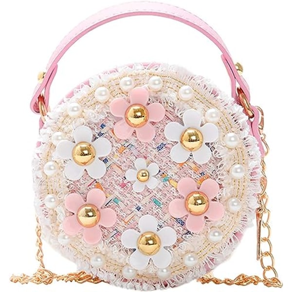 Liten flicka småbarn crossbody väska med pärlblommor mini söt prinsessa tote väska axelkedja väska, A-rosa, reseplånbok