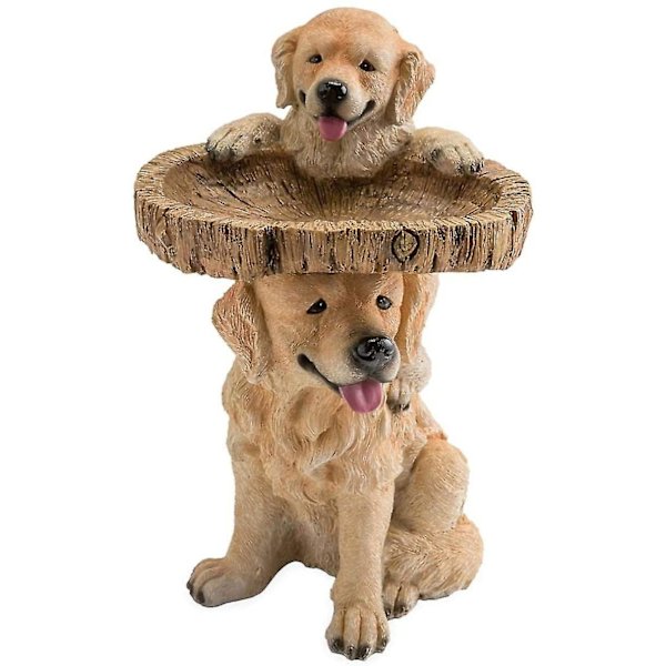 Två lekfulla Golden Retriever-valpar Resin Fågelbad Handmålade All-weather Trä-look Harts Landskap och trädgård accent