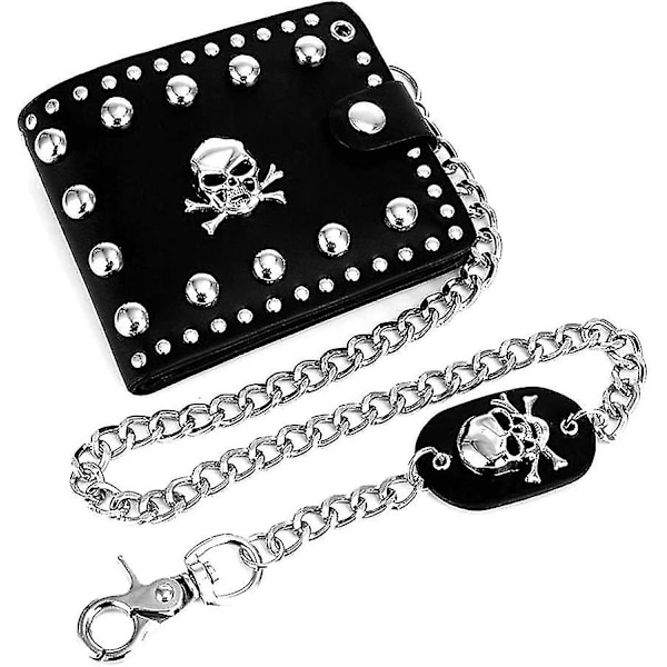 Läder Cool Punk Gothic Western Skull Clutch Plånböcker Med Kedja För Män Biker