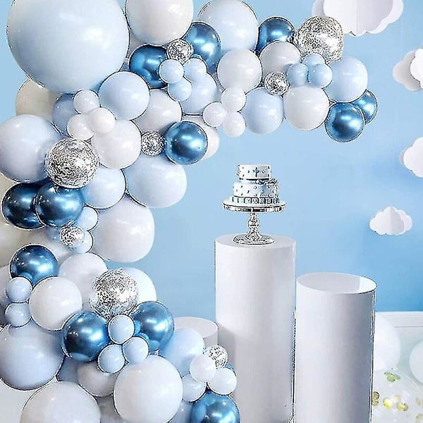 Dekorationssats med blå ballonggirlandbåge - 104 delar Silver Vit Blå Ballongbågesats med konfettiballonger för pojkar födelse