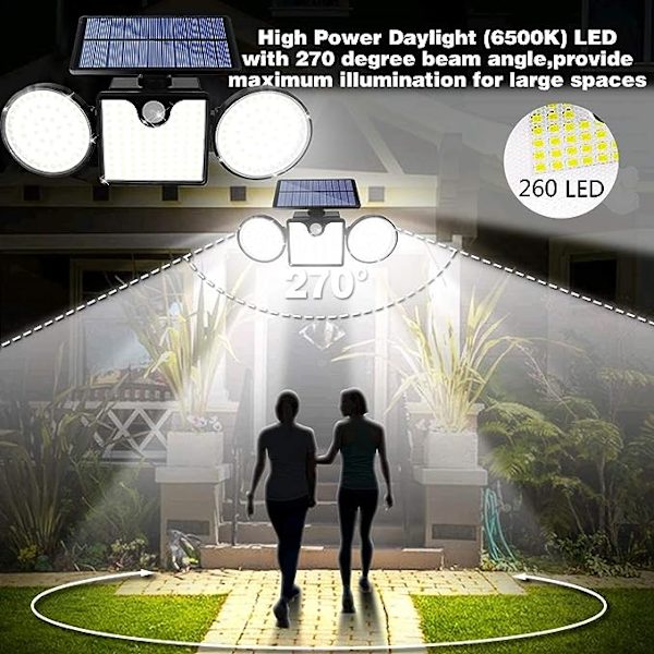 Solcellelamper utendørs 260 LED solcelledrevne vegglamper med bevegelsessensor Dobbelhode spotlights IP65 Vanntett 360° Justerbare solbevegelseslamper ut