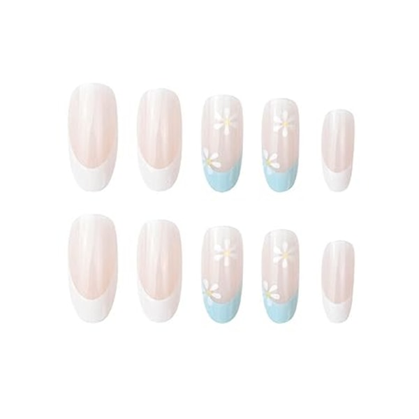 Medium French Press on Nails Blue Acrylic Almond Fake Nails Full Cover Flower False Nails for Women and Girls 24PCS