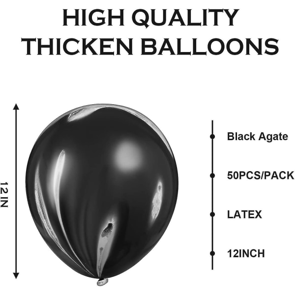 50 stycken svart agat marmor virvelballonger 12 tum svarta dekorativa ballonger