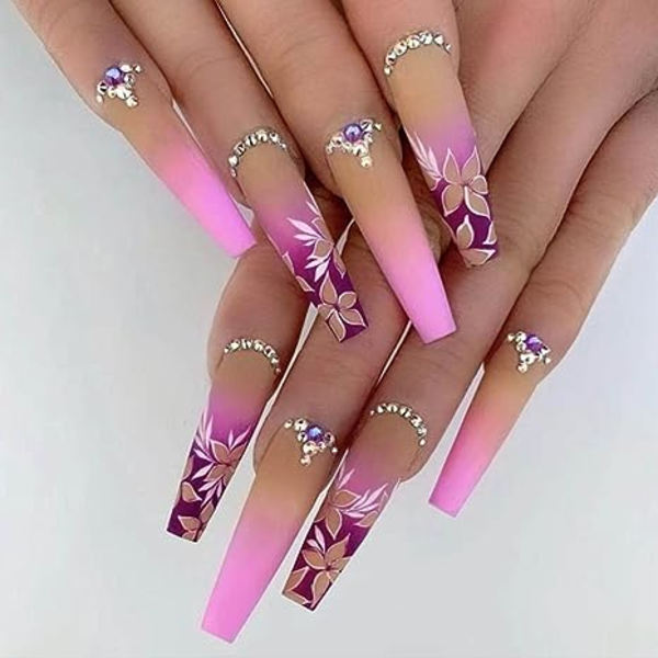 Konstgjorda Extra Långa Press-on Naglar, Rhinestone Rosa Falska Naglar med Glitter Akryl Fulltäckande Falska Naglar med Design Nagelspetsar för Kvinnor & Flickor, 24P