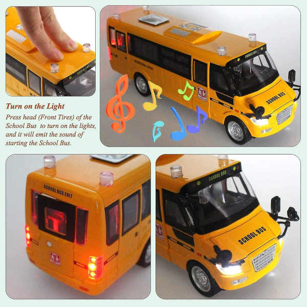2023 - Legetøj af legeret skolebusmodel Træk tilbage Køretøjsbil, der sender lyd og musik, lys, bevægelige døre