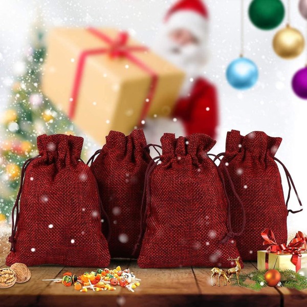 Julsäcksäck, 24 st diy-jutesäckspåsar för att fylla adventskalender, naturliga påsar, adventskalenderpåsar med dragsko, 13cm X 18cm (röd)