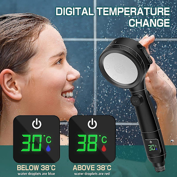 Vattenbesparande duschhuvud - Energibesparande duschhuvud - 4 högtrycksstrålmönster - Duschhuvud med digital temperaturdisplay