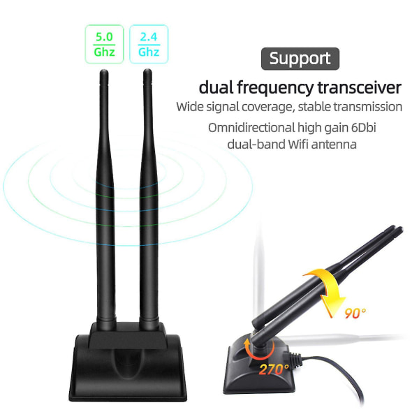 Dobbel Wifi-antenne med Rp-sma hannkontakt 2,4 GHz 5 GHz Dual Band-antenne magnetisk base trådløs ruter Wifi-adapter