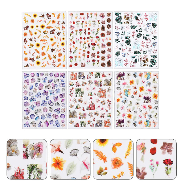 6 ark Negledekorasjoner Nail Art Paljetter Nail Art Neglepynt Nail Art Transfer Flower Foil Sticker