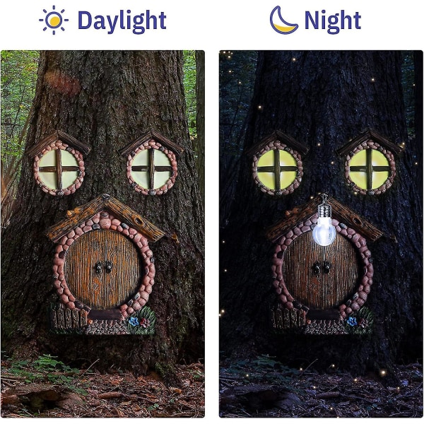 Miniature Fe-Gnome Hjem Vindue Og Dør Med Lampe Til Træer Gløder I Mørke Dør Og Vindue