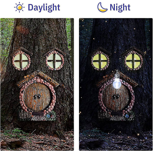 Miniatyr Gnome-Hem Fönster och Dörr med Lampa för Träd - Glöder i Mörkret Dörr och Fönster
