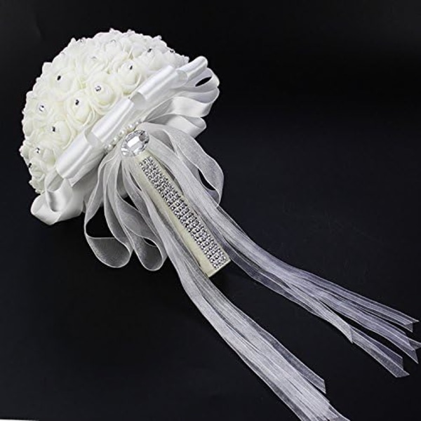 Hvid Rhinestone Bånd Brudebuket Håndlavet Kunstig Silke Holdende Blomster til Bryllup