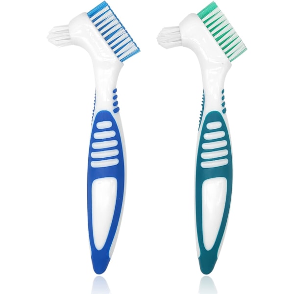Protesbørste, protesrengjøringsbørstesett med falske tannbørste for rengjøring av holdere (blå og grønn)