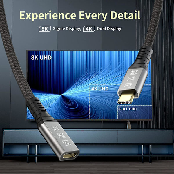 Thunderbolt 4 forlængerkabel, Usb-c-kabel til Usb C han til hun understøtter 8k/5k@60hz video / 40gbps dataoverførsel / 100w opladning