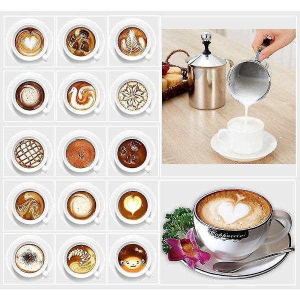 500ml Håndholdt Melkeskummer i Rustfritt Stål med Dobbeltnett, Inkludert Latte Art-penn