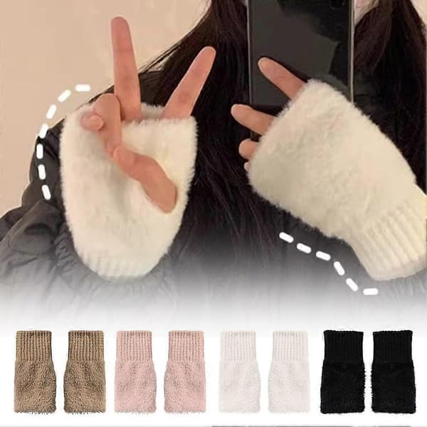 Halvfinger plysjhansker for kvinners vintervarme strikkede hansker;'/ C4O7 Pink One size