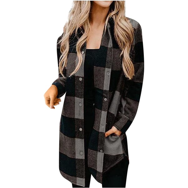 Dunjakke for kvinner, vinter, reverskrage, knapp, rutete, lange jakker, casual trenchcoats for kvinner, cardigan med lommer