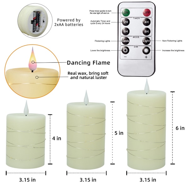 Flammeløse Lys, med Indbyggede Lysstreng, Da af 3-delt LED Lys, med 10-knaps Fjernbetjening, 24-timers Timerfunktion, Dansende Flamme, Ægte Voks