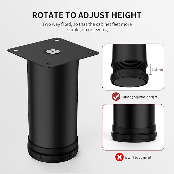 4 stk. 15 cm sorte rustfrie stål justerbare metalmøbelben