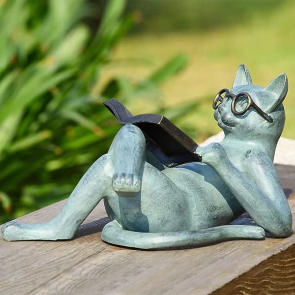 Kattstatuer Hageinnredning - Litterære katteharpikspynt Hagestatuedekorasjon Lesing Katthåndverk Katt med briller Skulptur for uteplass Hage Plen H
