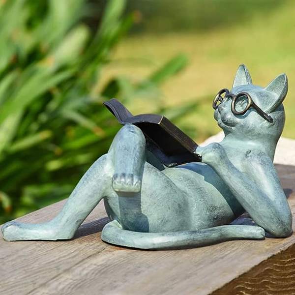Kattstatyer Trädgårdsdekoration - Litterär Katt Hartsprydnader Trädgårdsstaty Dekoration Läsande Katt Hantverk Katt Med Glasögon Skulptur för Patio Yard Gräsmatta H