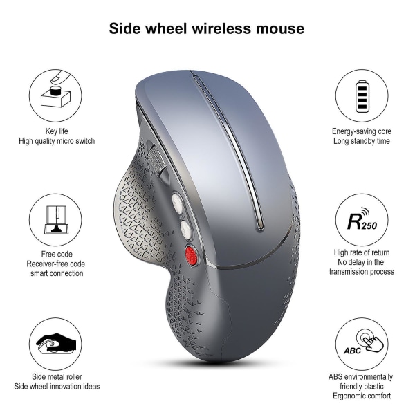 Trådlös mus, USB, Vertikal, Ergonomisk, 800/1600/2400/3600 Dpi, 6 knappar, LED, Förebyggande av mussyndrom och epikondylit, för högerhänta (ma