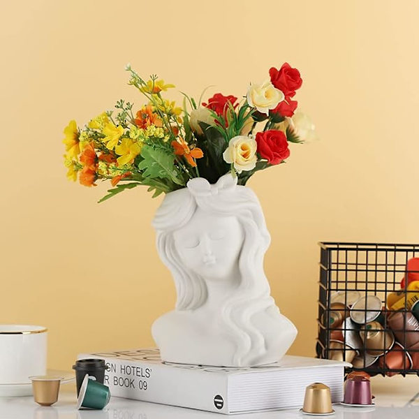 Hemdekoration Girly Keramisk vas, 7,8 tum hög Vit Huvudvas, Färsk Blomvas, Torkad Blomvas, Succulent Blomkruka, Lämplig för Heminredning