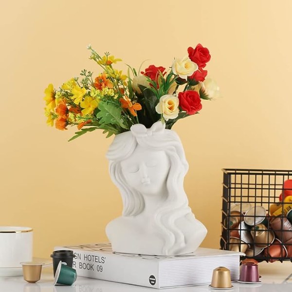 Home Decor Girly Keramikkvase, 7,8-tommers høy vase med hvitt hode, vase med friske blomster, tørket blomstervase, sukkulent blomsterpotte, egnet for hjemmedekorasjon