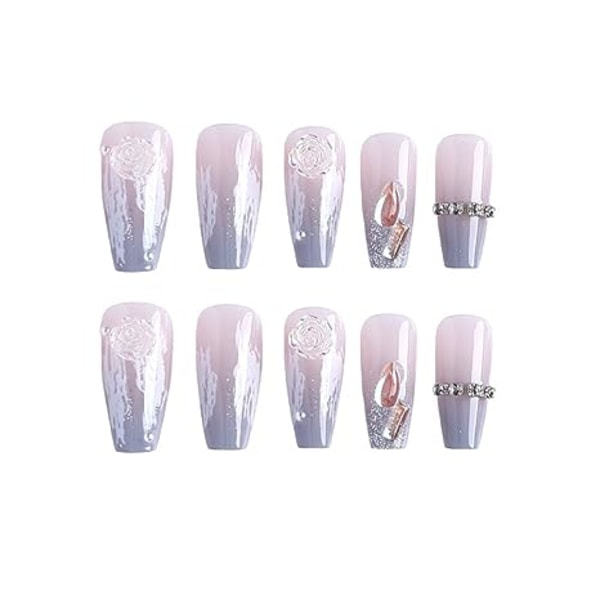 Press on Nails Medium 3D Flower Rhinestone Fake Nails Blue Glitter False Nails with Lime on Nails French Tipes Coffin Nails with Bling Designs Full Co