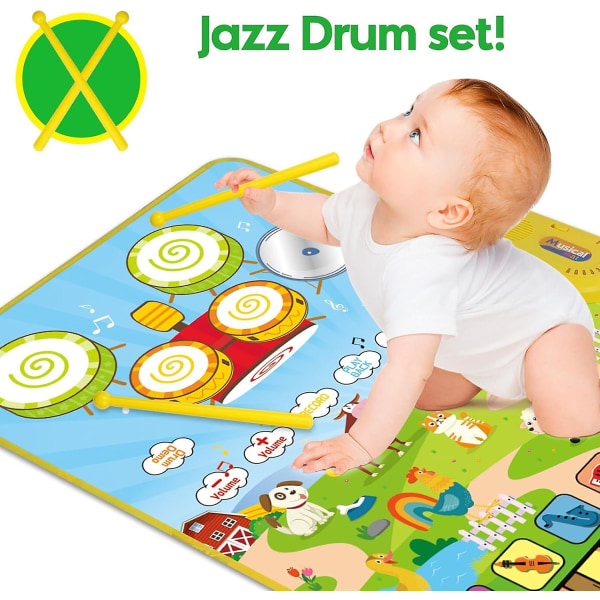 3 i 1 musikmatta för småbarn 1-3, pianomatta & trummatta med 2 pinnar, tidiga pedagogiska inlärningsleksaker för 12-18 månader Baby, Animal Touch Play Blan