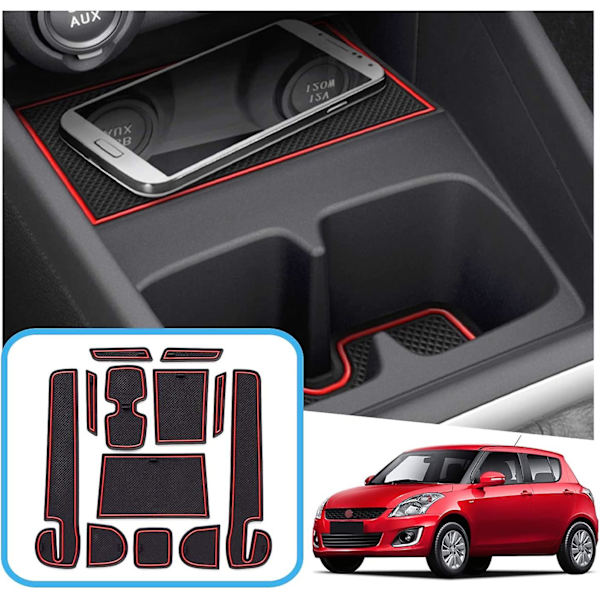 Suzuki Swift/Sport/Hybrid 2017-2021 2022 Halkskyddsmattor, Suzuki Swift Gummimattor för mittkonsol armstöd, mugghållare, dörrtätning (röd)