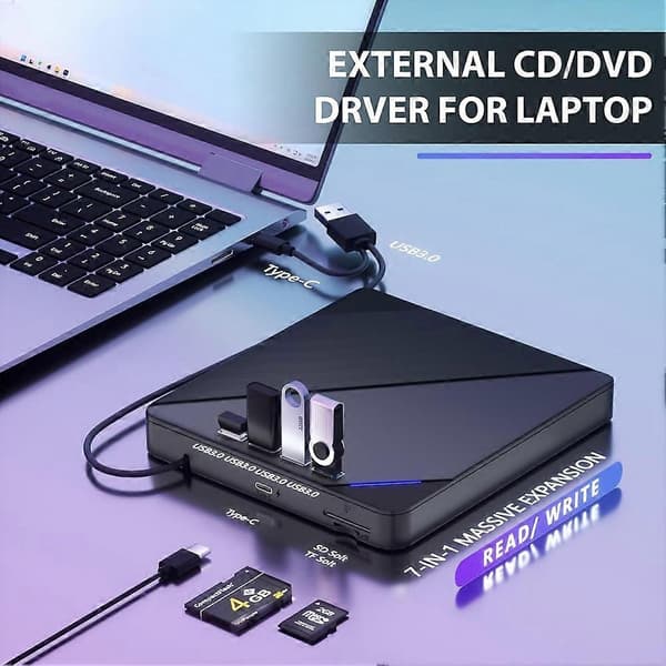 7 i 1 eksternt CD/DVD-drev til bærbar computer, USB 3.0 CD/DVD-drev Black