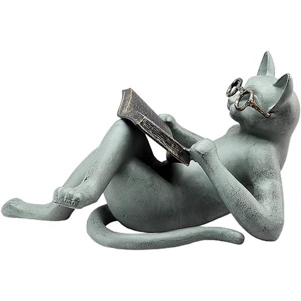 Kattstatyer Trädgårdsdekoration - Litterär Katt Hartsprydnader Trädgårdsstaty Dekoration Läsande Katt Hantverk Katt Med Glasögon Skulptur för Patio Yard Gräsmatta H