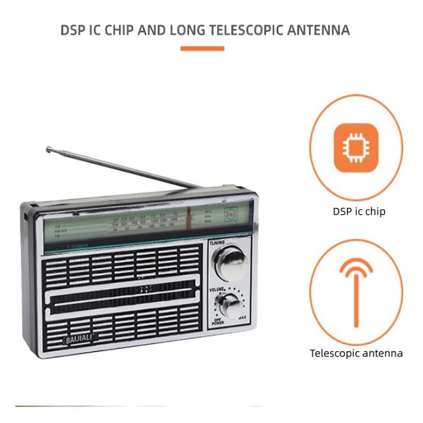 Bärbar am/fm/sw vintage radio för äldre, portabel utomhusradio, med knappjusteringsnyckel för outd