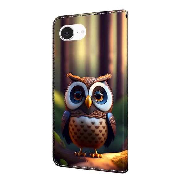För iPhone 16e Läderfodral Mönstertryck Plånboksställ Flip Telefonfodral Brown Little Owl