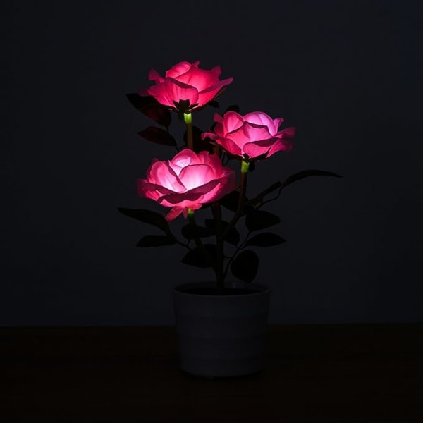 Solcelled Blomstpotte LED Lys Rose Blomst Bordlampe 3 Lys Blomst LED Fleksibel Blomst Skrivebordslampe for Hjem Hage Rom Dekorasjon (Rosa)