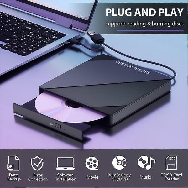 7 i 1 eksternt CD/DVD-drev til bærbar computer, USB 3.0 CD/DVD-drev Black