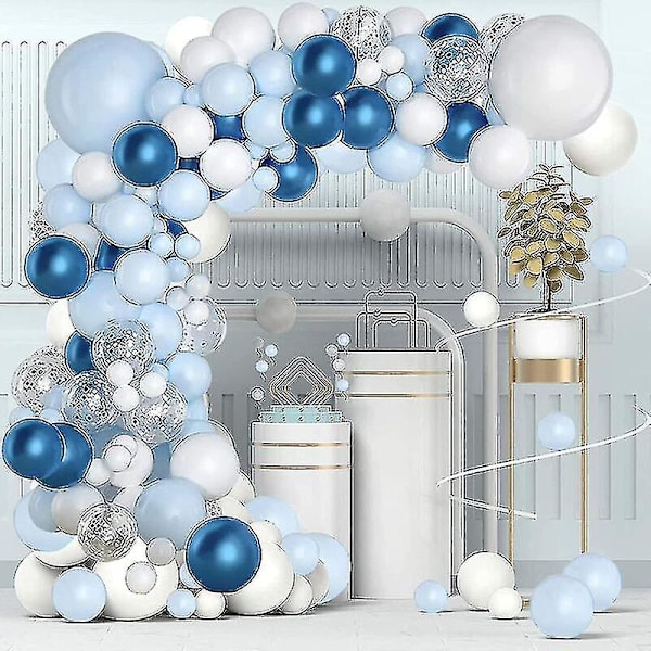 Dekorationssats med blå ballonggirlandbåge - 104 delar Silver Vit Blå Ballongbågesats med konfettiballonger för pojkar födelse