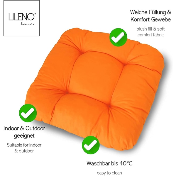 Sæt med 2 stolepuder orange (38x38x8 cm) - Siddepude til have-, køkken- eller spisestuestol - behagelig UV-bestandig indendørs og udendørs