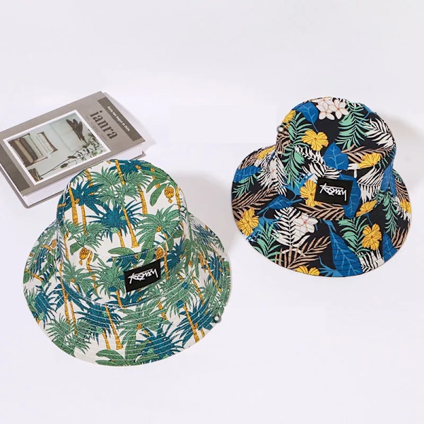 Dubbelsidig blommig fiskarehatt herr dam XL storlek bokstav stort huvud hatt sommar casual street solhatt Bob Panama white flower L(58-60cm)
