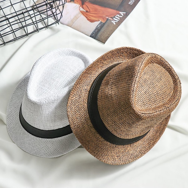 Avslappet bredbremmet stråpanamahatt unisex solhatt mote cowboy fedorahatt sommerstrand gangsterhatt white