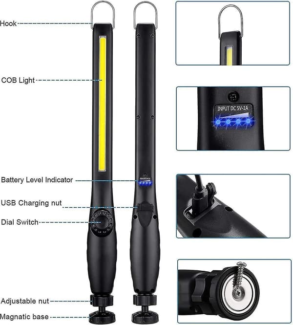 COB LED arbeidslys, USB-lading kontrolllys, verksted lommelykt med roterende bryter