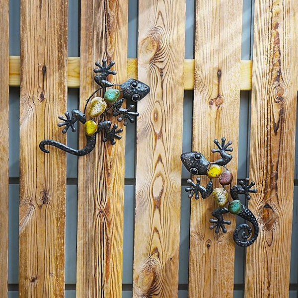 Metal Gecko Væghængt Dekoration Øgle Havekunst Udedekorationer til Terrasse eller Hæk, Sæt af 2
