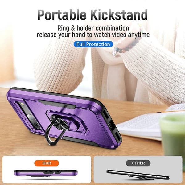 Til Google Pixel 8a Deksel Militærgrad Ring Kickstand PC + TPU Telefondeksel Purple+Black