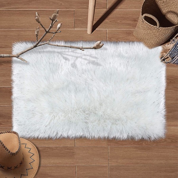 Superblødt imiteret fåreskinds pels område tæpper til soveværelsesgulv Shaggy plys tæppe imiteret pels tæppe Sengetæpper, 2 X 3 fod rektangel Whi