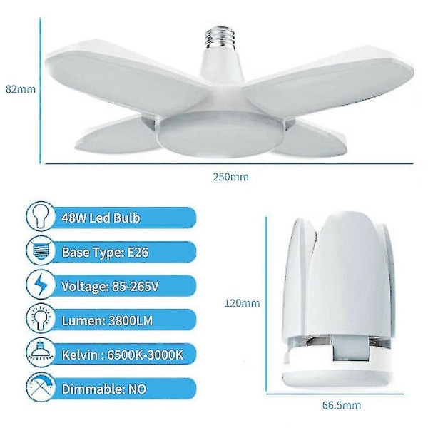 Industriell belysning E27 LED garasjelys 4 justerbare vifteblader deformerbar verksted lager takbelysning (farge: kald hvit)