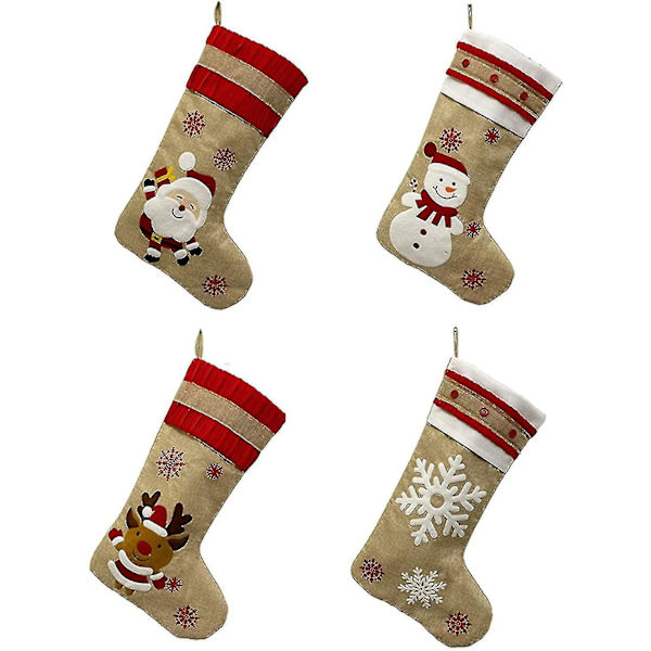 Ny Juteströmsjulstrumpa Set med 4 st Broderad Linne Juldekor