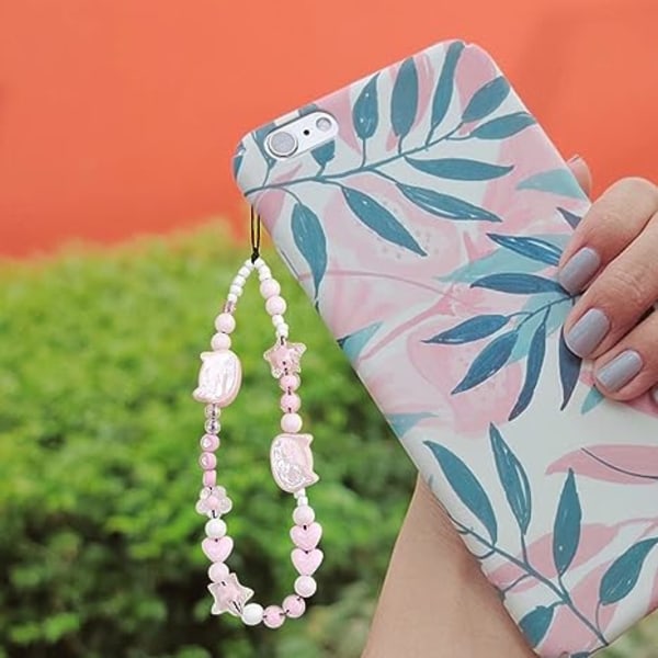 Mobiltelefon kæde rem sød killing hoved stjerne blomst hjerte perler telefon etui charme perler mobiltelefon snor håndledsrem pink anti-tabt telefon snor
