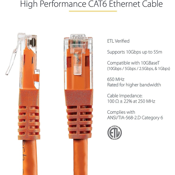 20 fot Cat6 Ethernet-kabel - Orange Cat 6 Gigabit Ethernet-ledning -650mhz 100w Poe Rj45 Utp støpt nettverk/patchledning med strekkavlastning/